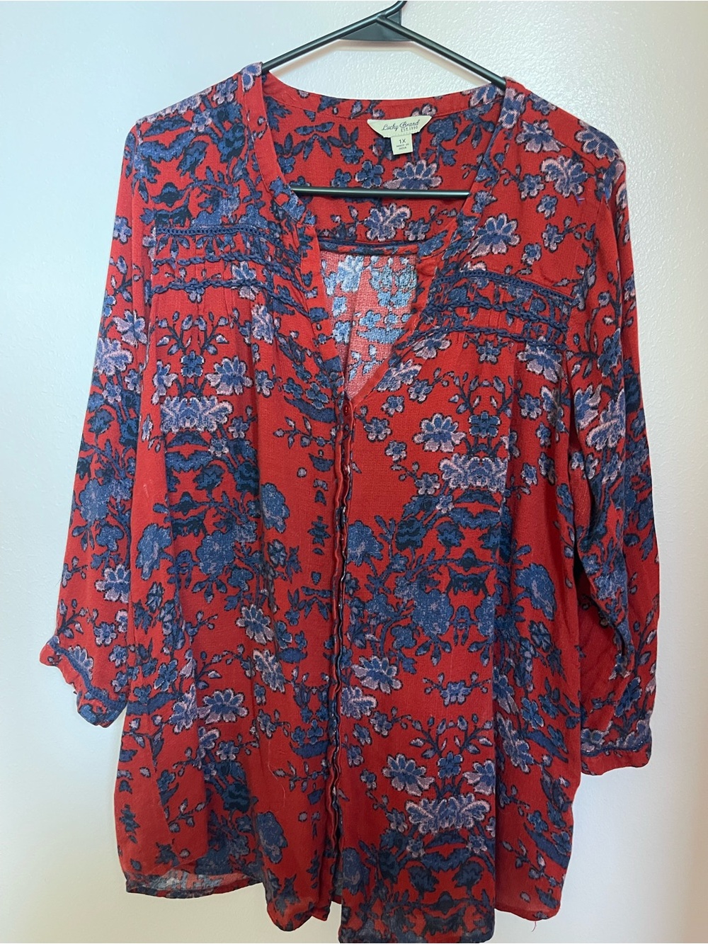 Lucky Brand Red Floral Peasant Blouse with Blue Accents